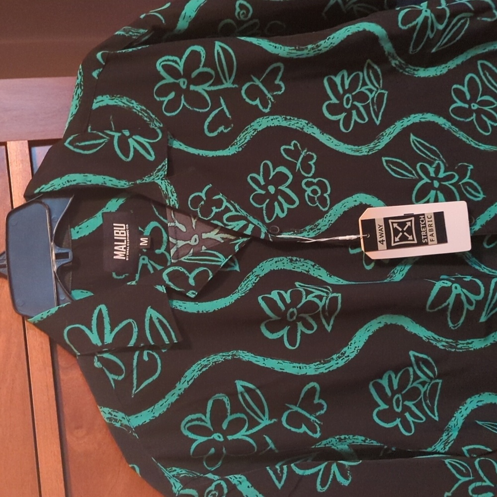 Malibu Black and Green Floral Shirt.MED SALE